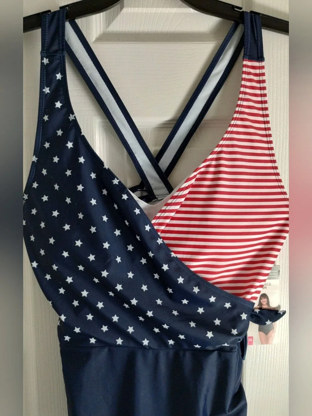 NWT Plus Size Berkley Jensen Patriotic One-Piece Swim Suit With Crossover Back